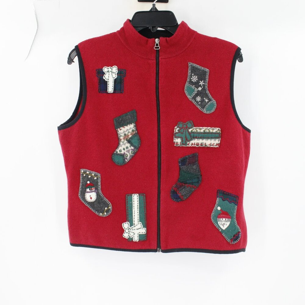 VTG Woolrich Vest Womens large christmas socks santa Embroidered full zip red